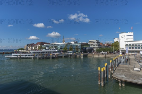 Zeppelin Museum, pier, harbour, passenger ship, K 42 Medienhaus, Friedrichshafen on Lake Constance,