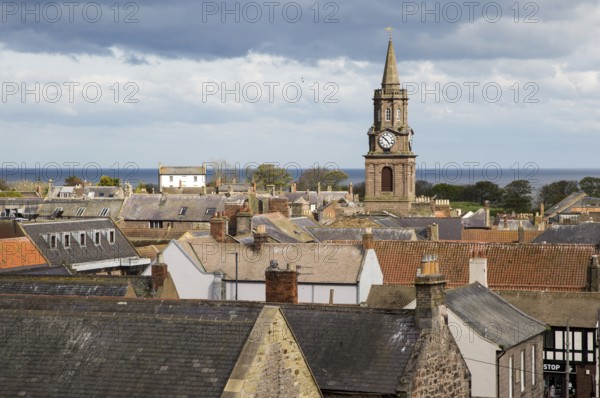 The Town Hall built 1754–60 set amongst rooftops, Berwick-upon-Tweed, Northumberland, England, UK