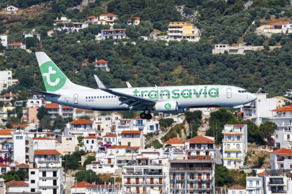 A Boeing 737-800 aircraft of Transavia with the registration number F-HTVT at Skiathos Airport,
