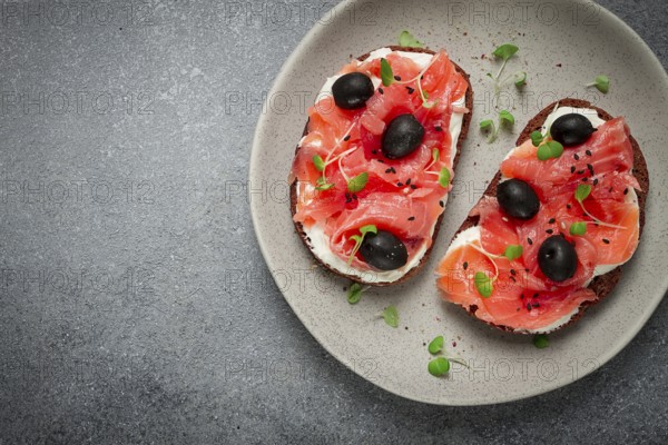 Sandwiches with red fish, cream cheese, olives and microgreens, breakfast
