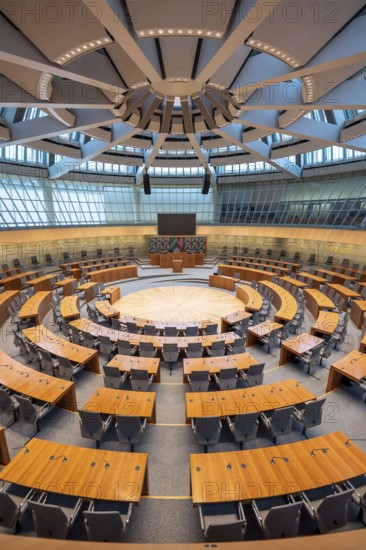 The empty plenary chamber of the North Rhine-Westphalia state parliament in Düsseldorf, North