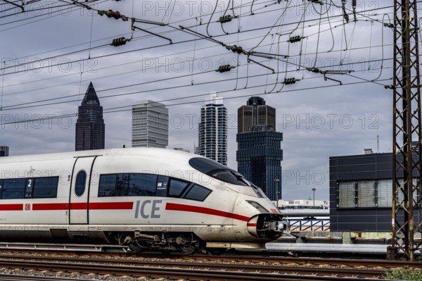 ICE train on the track in front of the main station of Frankfurt am Main, Skyline, Hesse, Germany,