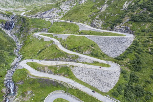 Historical road Tremola, mountain pass Sasso San Gotthardo, aerial view, Switzerland, Europe