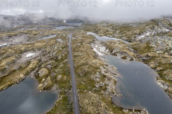Aerial view of the Sognefjell road, mountain road along Jotunheimen National Park, Norway, Europe