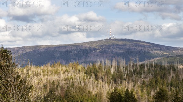 A mountain landscape with a television tower in the background under a blue sky, Harz Mountains,