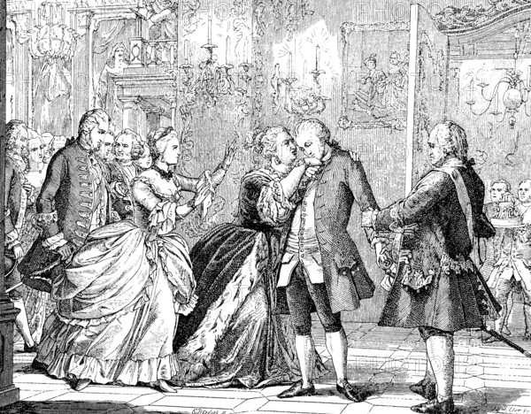 Return of Crown Prince Frederick and reconciliation with his father, palace, hall, mother,