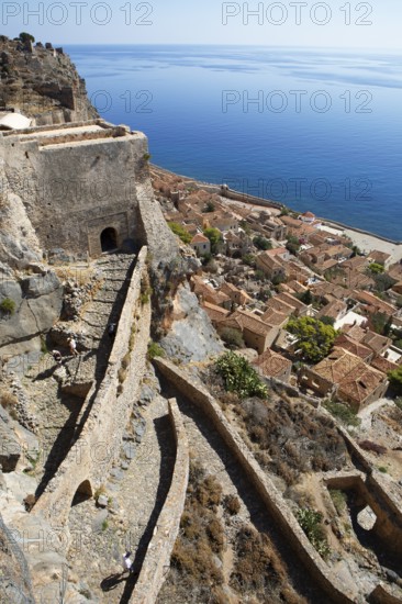 Byzantine castle town of Monemvasia, Monemvassia, Monemwassia, Monembasia, in the Myrtoan Sea,
