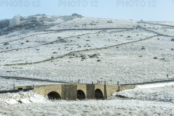 Aubrac plateau. Marchastel bridge on river Bès. Lozere department. Occitanie. France