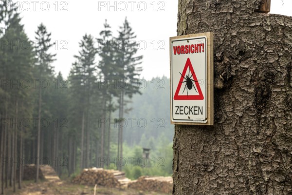 Warning sign for ticks, in the Arnsberg Forest, near Hirschberg, Sauerland, North Rhine-Westphalia,
