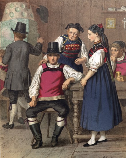 Traditional costumes in Germany around 1820, Baden, Rickesbach, young people in traditional
