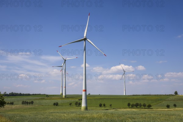 Lichtenau, North Rhine-Westphalia, Germany, wind farm in agricultural landscape with fields, hills