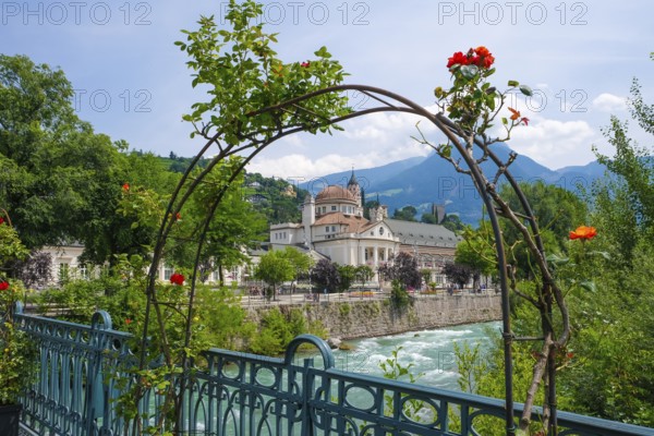 Merano, South Tyrol, Italy, spa hotel on the river Passer, on the Passer promenade in the old town