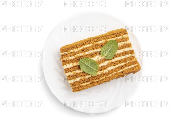 Homemade honey cake with milk cream and mint isolated on white background. Top view, close up, flat