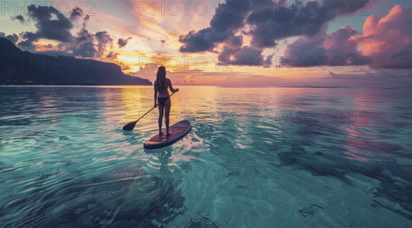 SUP paddling, Young attractive lady on a stand up paddle on serene beautiful lake at sunset., AI