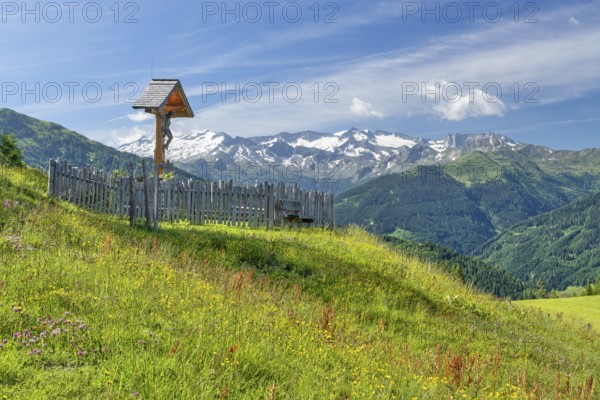 Crossroads in Grossarl, Kreuzkogel with snow, blue sky, Hohe Tauern, Bichl Alm, mountain, Pongau,