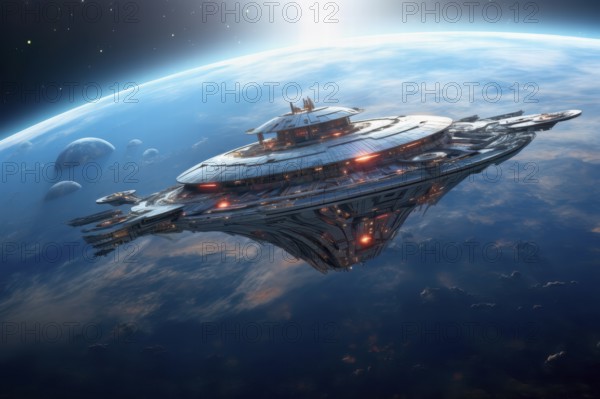 Futuristic cosmic spaceship flying in space surrounded by planets, AI generated