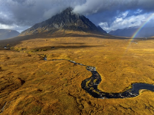 Morning light, cloudy mood, river, moor, mountain landscape, aerial view, rainbow, autumn, view of