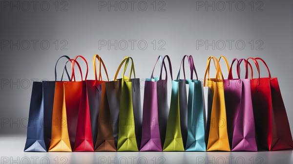 Assorted vibrant shopping bags lined up in front of a grey background, AI generated