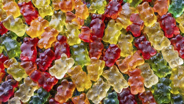 Glowing gummy bears in detailed view, intense colours, gummy bears, AI generated, AI generated