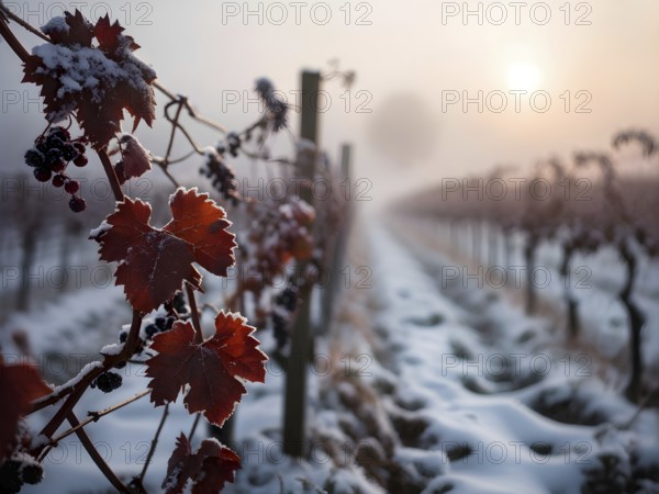 AI generated close up of winter in the vineyard with snow blankets dormant vines and ambient light