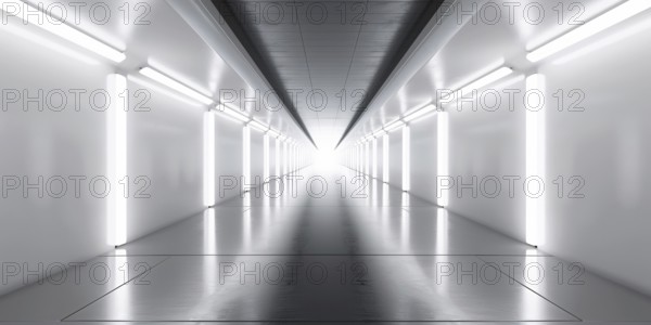 Futuristic long white hallway with lamps. Generative AI, AI generated