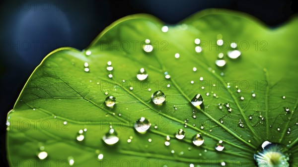 Close up of a lotus leaf showcasing its hydrophobic tendencies repelling water droplets, AI