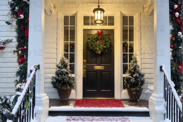 Festive front porch with holiday garlands wrapped around the columns, a wreath hanging on the door,
