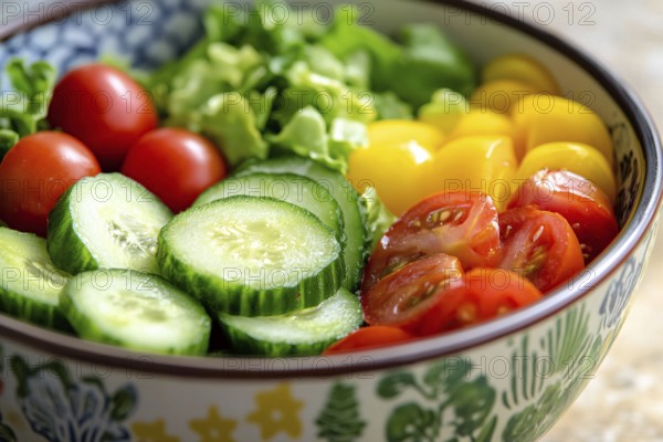 Helathy raw salad with tomatoes, cucumber and lettuce. Generative Ai, AI generated