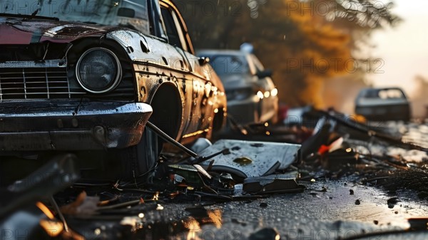 Close-up of damaged car wrecks after a road accident, AI generated