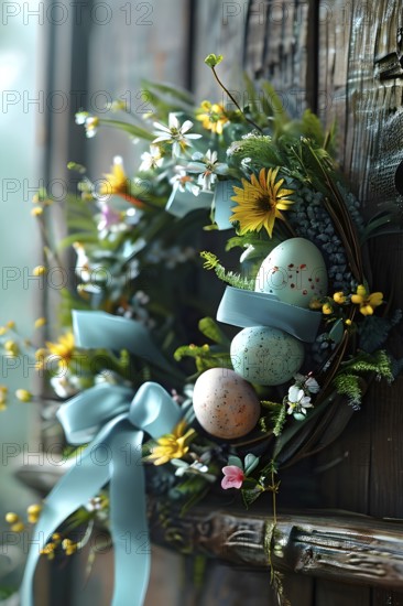 Spring wreath with pastel ribbons, speckled eggs, and blooming flowers, hanging on a wooden