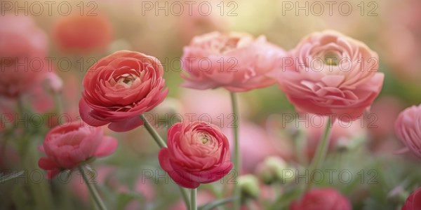 Beautiful pastel pink Ranunculus flowers on blurry background. KI generiert, generiert, AI