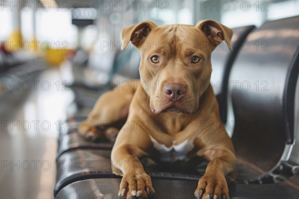 Traveling with a Pit Bull terrier. Dog with luggage in background at airport. KI generiert,