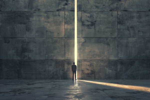 Silhouette of a man standing in front of a gigantic wall, sunlight shining through a narrow gap,
