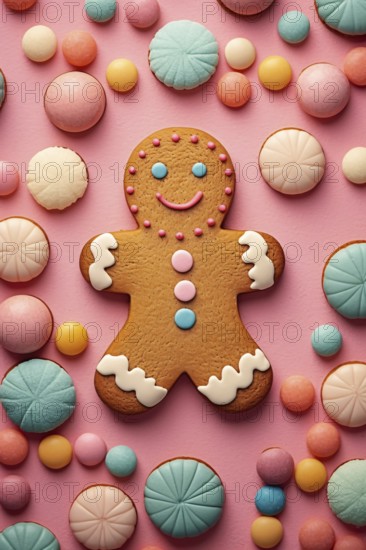 Cute gingerbread man cookie on pink background. KI generiert, generiert, AI generated
