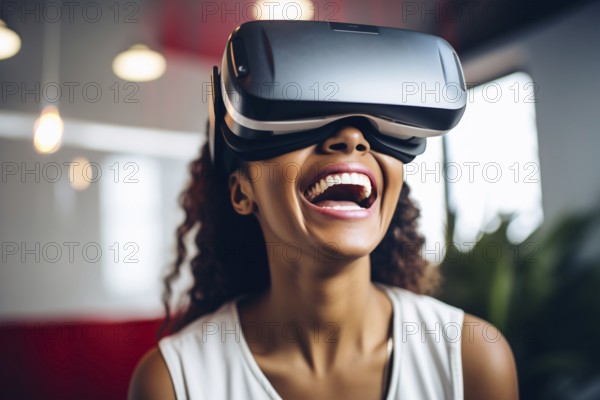 Black smiling woman with VR glasses. AI generated