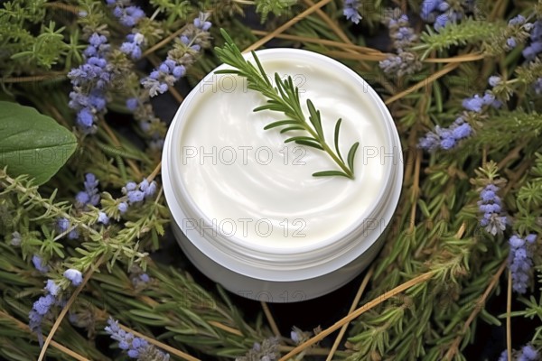 Facial cream surrounded my herbs and flowers. Natural cosmetics concept. KI generiert, generiert AI