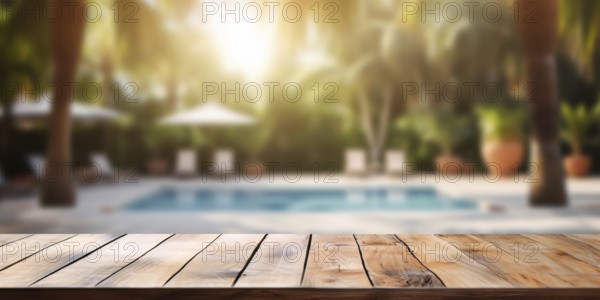 Empty wooden board with tropical resort swimming pool and palm trees in blurry background. KI