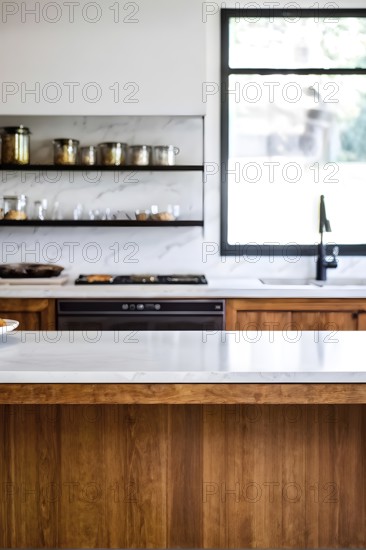 Wooden kitchen with top counter and other modern interior elements, AI generated