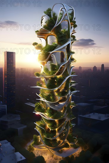 Futuristic skyscraper with termite mounds for natural ventilation and energy efficiency, AI