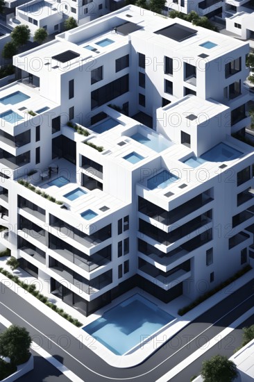 Rendering of a modern real estate apartment building in clean geometric forms in black and white,