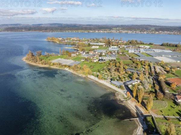Aerial view of the southwestern part of the island of Reichenau with autumn vegetation, Lake