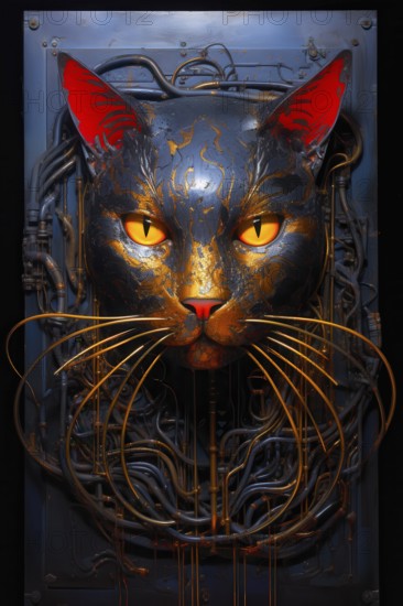 Metallic black cat head with yellow eyes and red ears encrusted in a metallic door, AI generated