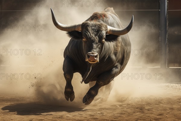 Angry bull attacking in a coral, AI generated