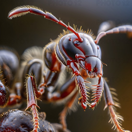Extreme close-up of a red ant (Formica rufa), focusing on its sharp mandibles, textured