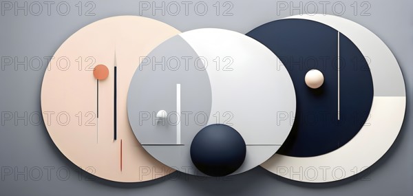 Minimalist composition of overlapping geometric shapes, such as circles, squares, and triangles,