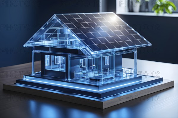 Hologram blue eco house with solar on table, ai generated, AI generated