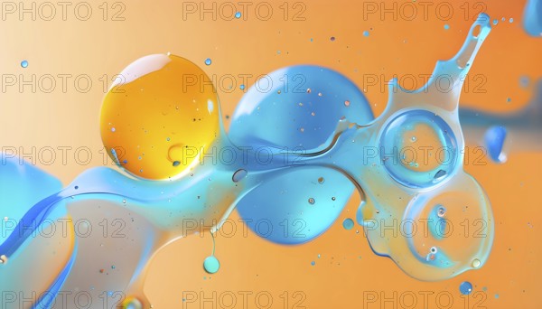 Abstract wallpaper with colorful turquoise and yellow blobs and liquid shapes on a orange