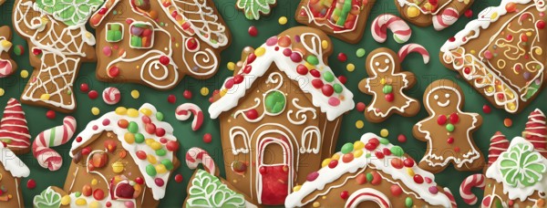 Abstract wallpaper illustration of of gingerbread house decoration, AI generated