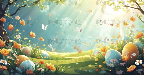 Surreal Easter scene with floating eggs, ribbons, and flowers in a dreamlike, whimsical composition