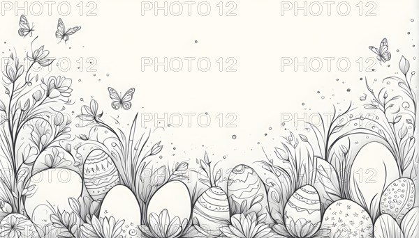 Abstract illustration of a Easter card with delicate hand-drawn illustrations, empty space for